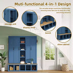 Blue Farmhouse 4-in-1 Hall Tree with 6 Hanging Hooks Mudroom Wood Grain Bench with Open Compartments