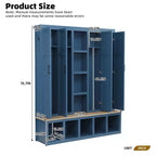 Blue Farmhouse 4-in-1 Hall Tree with 6 Hanging Hooks Mudroom Wood Grain Bench with Open Compartments