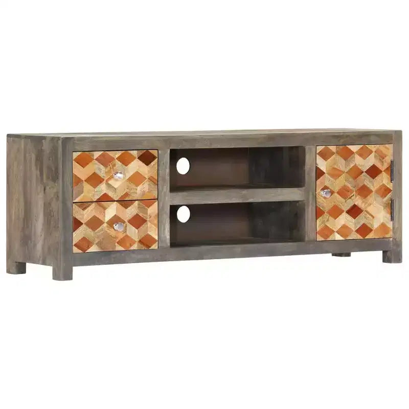 vidaXL Mobile Porta TV/Mobile Multimediale in Legno Massello di Mango con Due Cassetti e Un'Anta, Design Mid-Century, Grigio e Marrone, 120x30x40 cm