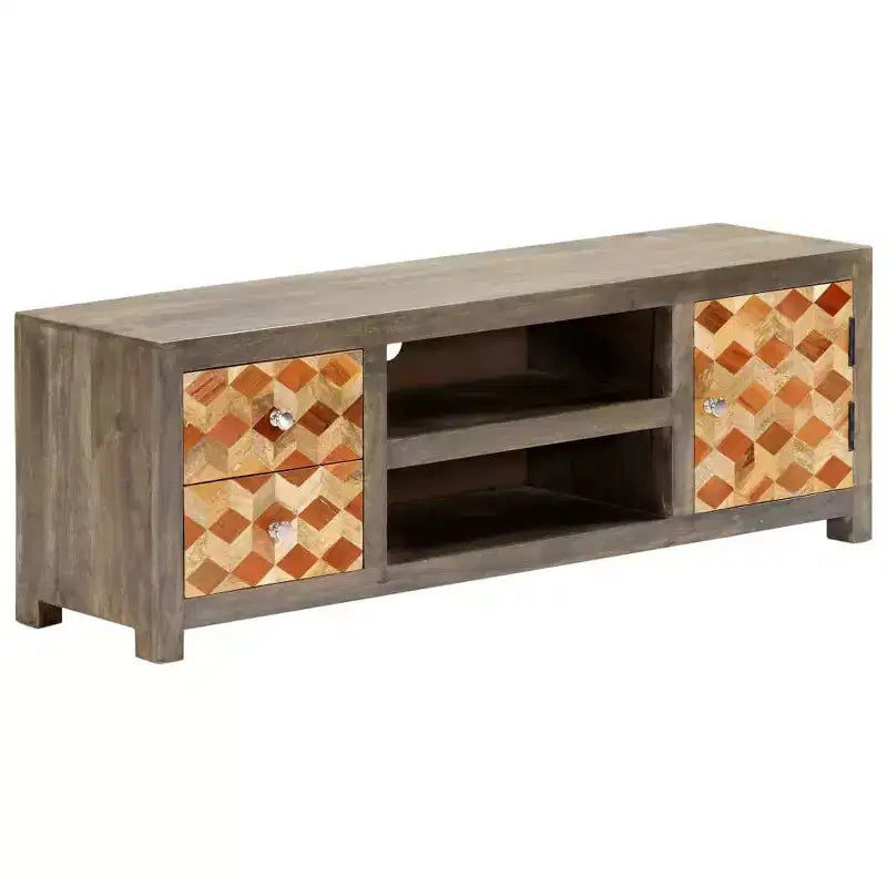 vidaXL Mobile Porta TV/Mobile Multimediale in Legno Massello di Mango con Due Cassetti e Un'Anta, Design Mid-Century, Grigio e Marrone, 120x30x40 cm