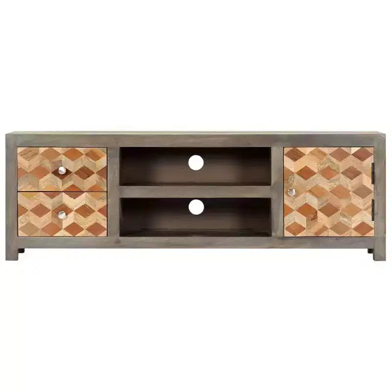 vidaXL Mobile Porta TV/Mobile Multimediale in Legno Massello di Mango con Due Cassetti e Un'Anta, Design Mid-Century, Grigio e Marrone, 120x30x40 cm