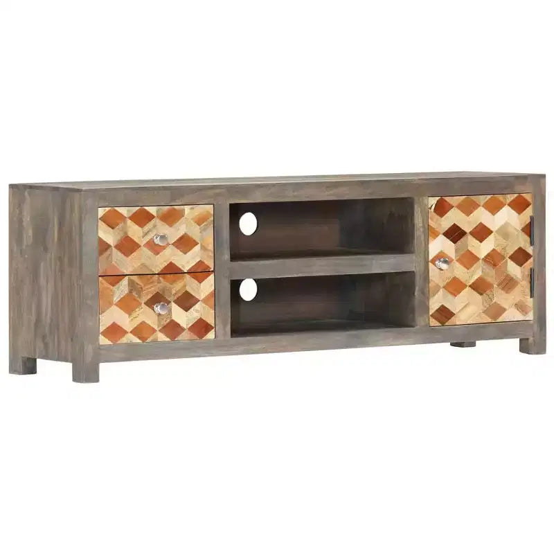 vidaXL Mobile Porta TV/Mobile Multimediale in Legno Massello di Mango con Due Cassetti e Un'Anta, Design Mid-Century, Grigio e Marrone, 120x30x40 cm