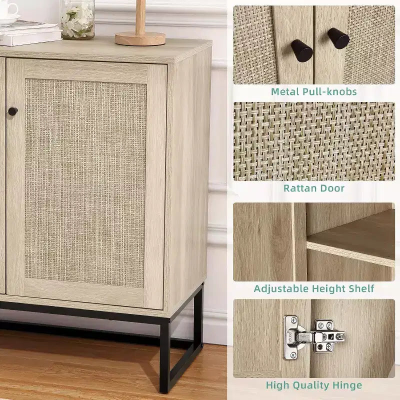 Madia/Credenza Boho in Rattan con Ante, Armadietto da Ingresso e Dispensa da Cucina, Elegante Contenitore per Soggiorno, Corridoio