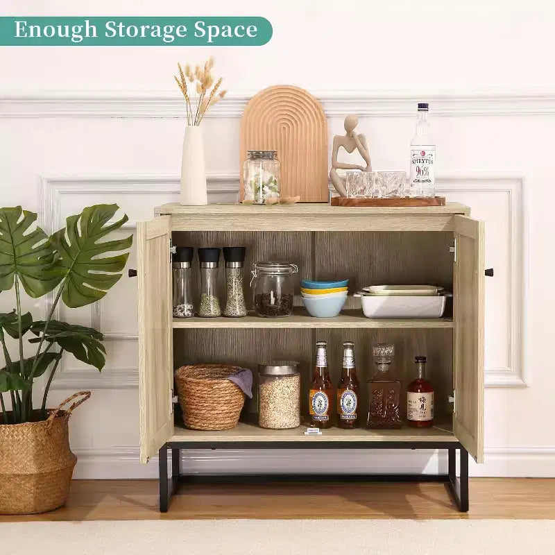 Madia/Credenza Boho in Rattan con Ante, Armadietto da Ingresso e Dispensa da Cucina, Elegante Contenitore per Soggiorno, Corridoio