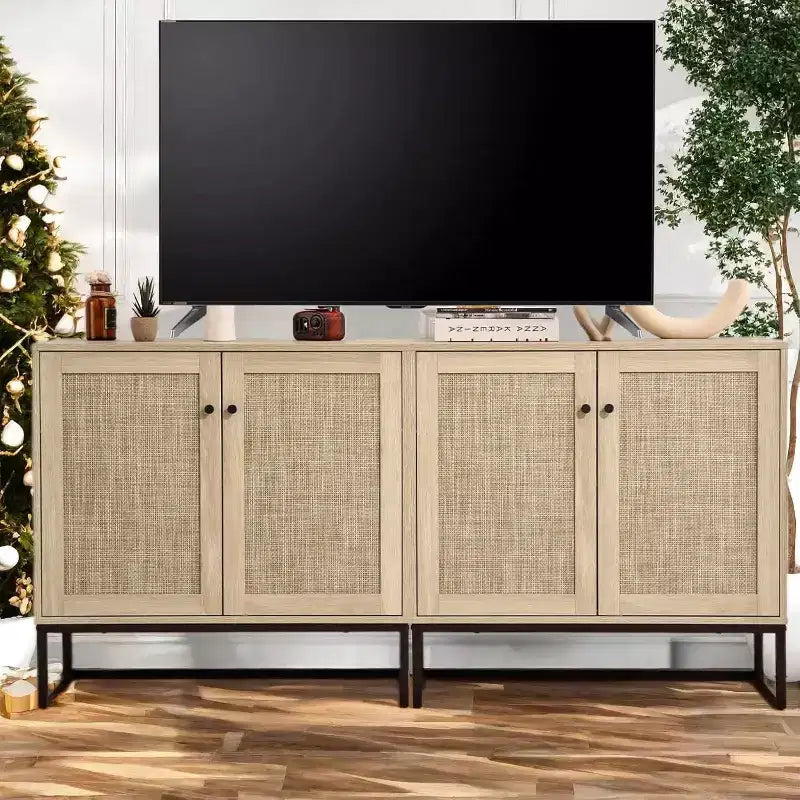 Madia/Credenza Boho in Rattan con Ante, Armadietto da Ingresso e Dispensa da Cucina, Elegante Contenitore per Soggiorno, Corridoio