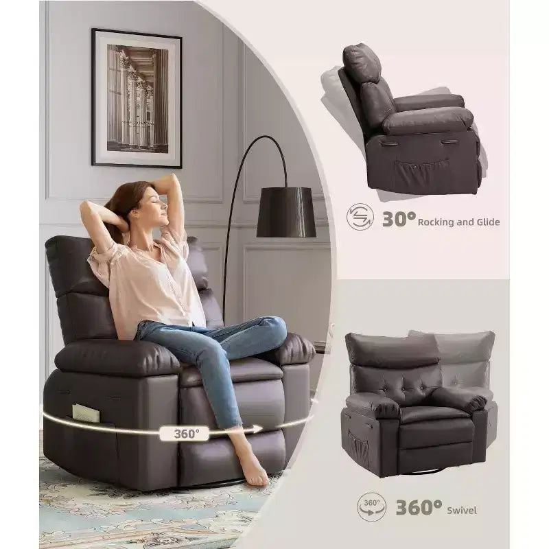 27 Oversized Recliner Chairs with Heat and Massage-360 Swivel Lazy Recliner Chair for Adults- Manual Rocking Chair with Remote Control for Living