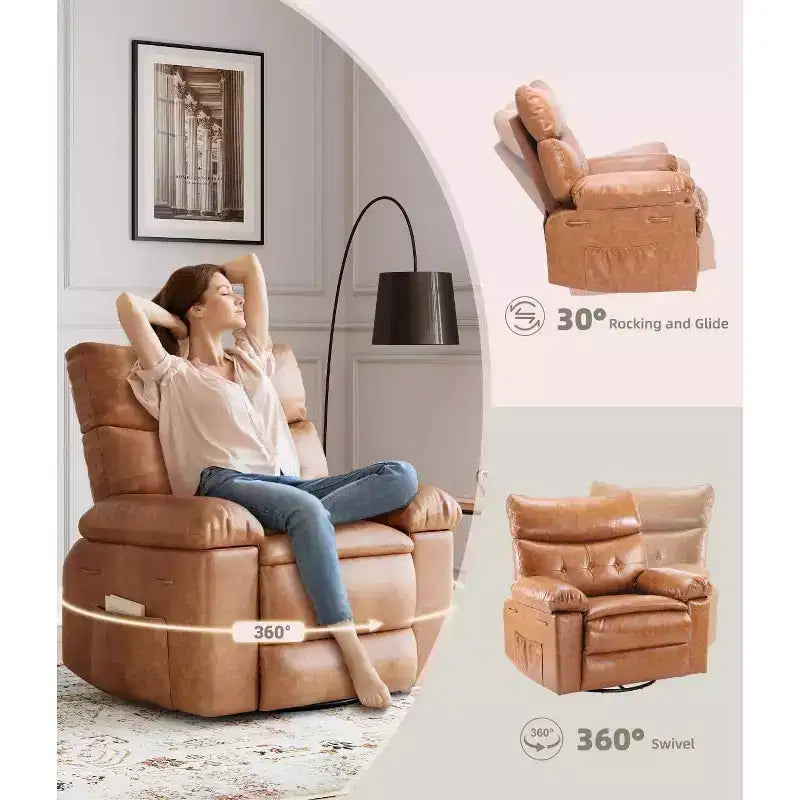 27 Oversized Recliner Chairs with Heat and Massage-360 Swivel Lazy Recliner Chair for Adults- Manual Rocking Chair with Remote Control for Living