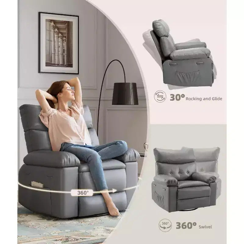 27 Oversized Recliner Chairs with Heat and Massage-360 Swivel Lazy Recliner Chair for Adults- Manual Rocking Chair with Remote Control for Living