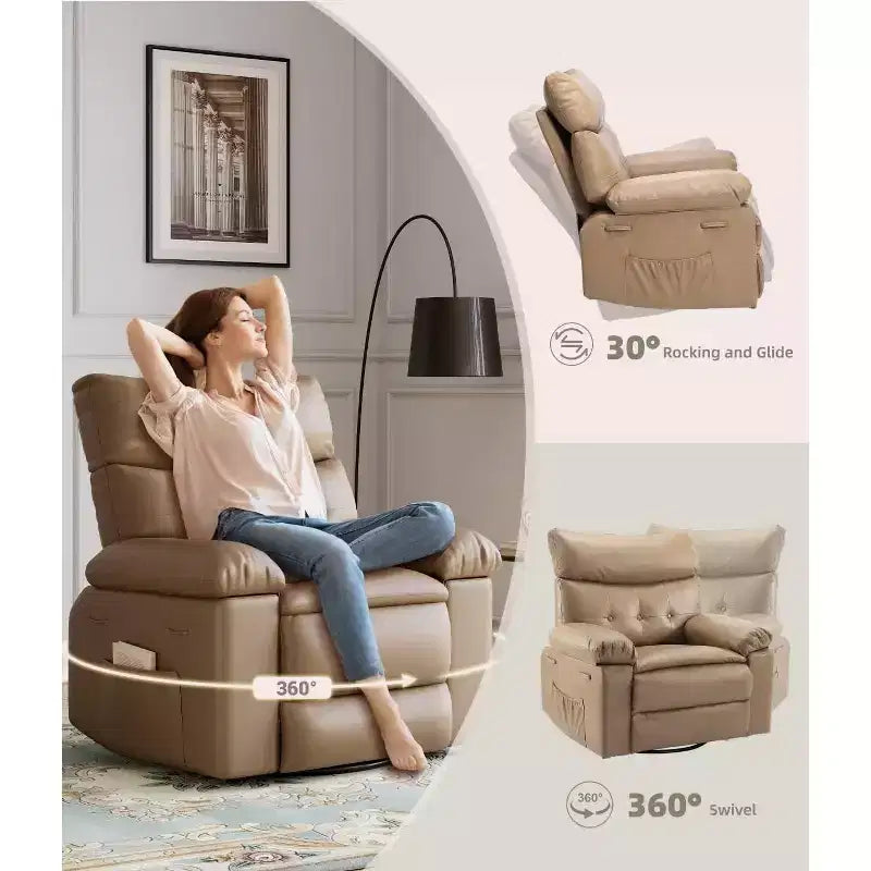27 Oversized Recliner Chairs with Heat and Massage-360 Swivel Lazy Recliner Chair for Adults- Manual Rocking Chair with Remote Control for Living