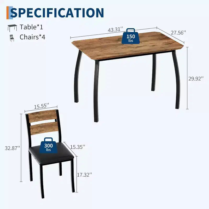 5-Piece Dining Table Set for 4, Modern Kitchen Table and 4 Chairs, Space-Saving Metal Frame, for Small Apartment, Dining Room
