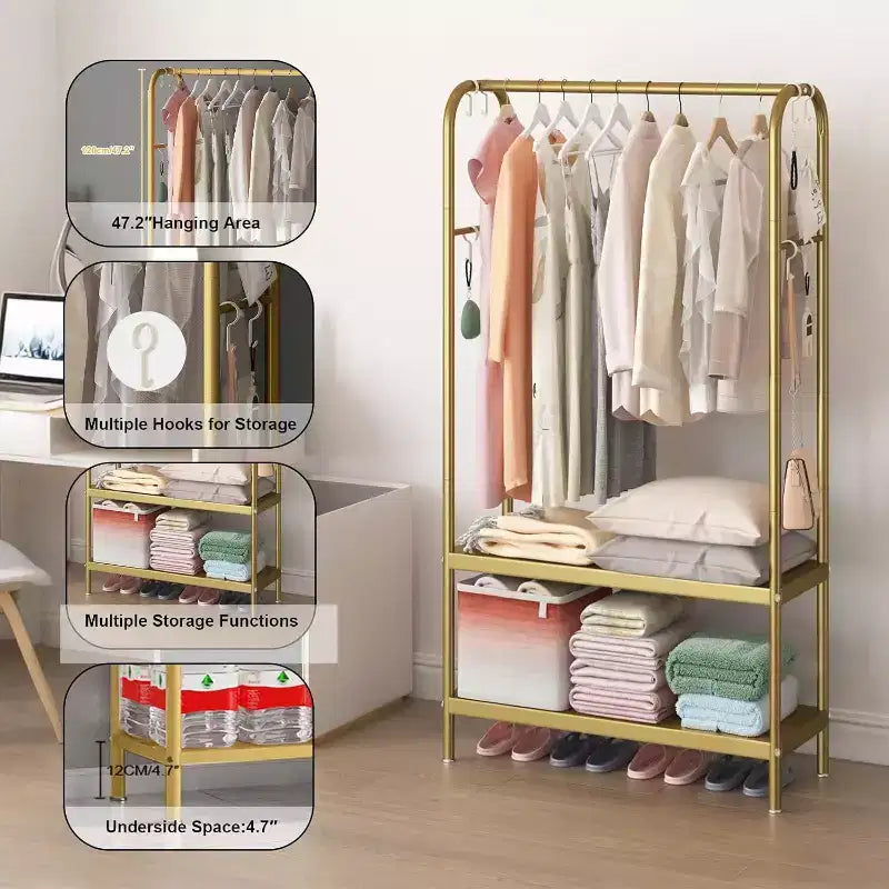 Heavy Duty Clothes Rack, Sturdy Freestanding Garment Hanger with 2 Shelves, Metal Coat Rack for Bedroom, Office or Living Room