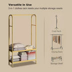 Heavy Duty Clothes Rack, Sturdy Freestanding Garment Hanger with 2 Shelves, Metal Coat Rack for Bedroom, Office or Living Room