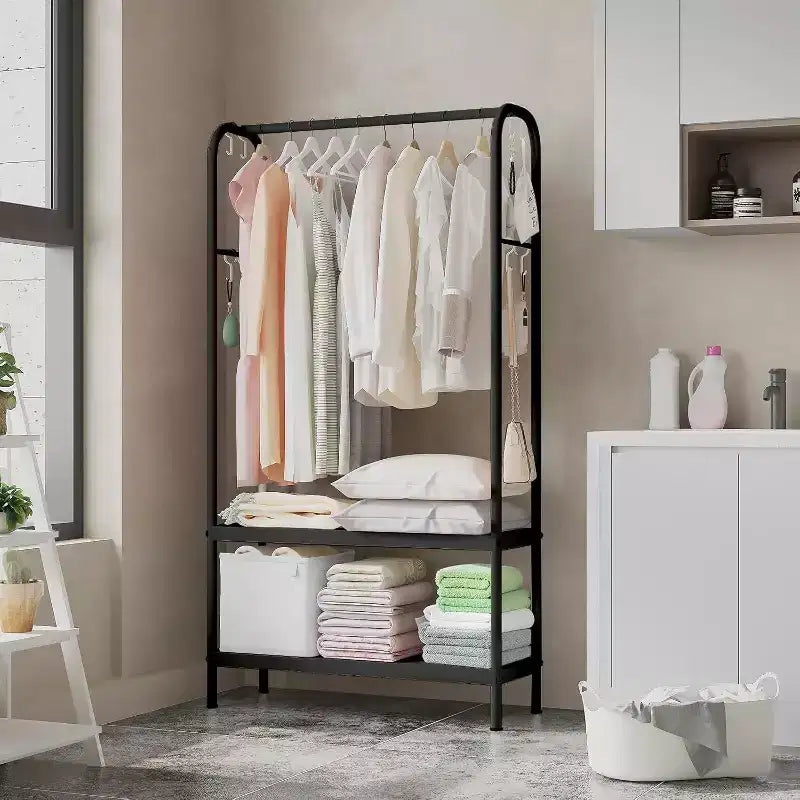 Heavy Duty Clothes Rack, Sturdy Freestanding Garment Hanger with 2 Shelves, Metal Coat Rack for Bedroom, Office or Living Room