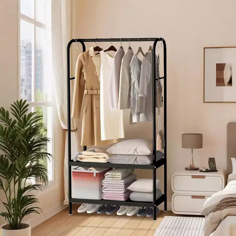 Heavy Duty Clothes Rack, Sturdy Freestanding Garment Hanger with 2 Shelves, Metal Coat Rack for Bedroom, Office or Living Room
