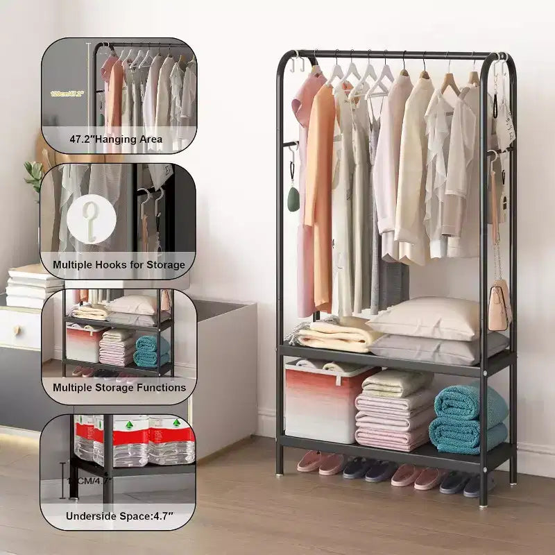 Heavy Duty Clothes Rack, Sturdy Freestanding Garment Hanger with 2 Shelves, Metal Coat Rack for Bedroom, Office or Living Room