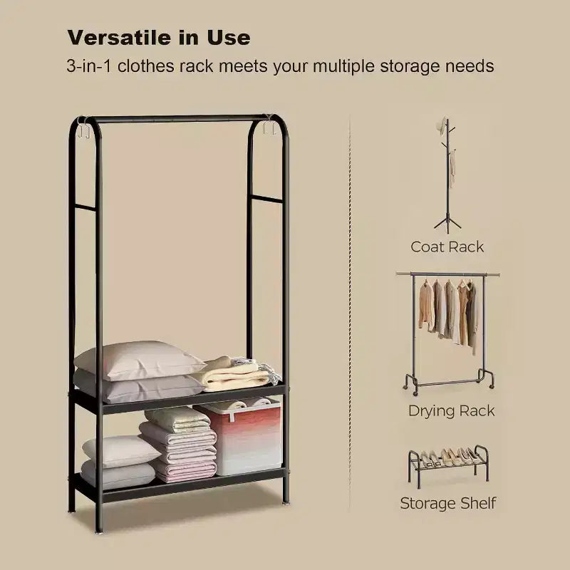 Heavy Duty Clothes Rack, Sturdy Freestanding Garment Hanger with 2 Shelves, Metal Coat Rack for Bedroom, Office or Living Room