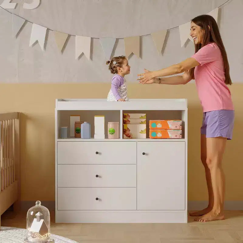Acekool Baby Dresser with Changing Table, Wooden Nursery Changing Station with Drawers, Cabinet, Open Shelves, for Bedroom or Nursery