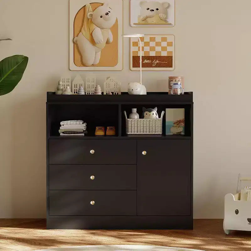 Acekool Baby Dresser with Changing Table, Wooden Nursery Changing Station with Drawers, Cabinet, Open Shelves, for Bedroom or Nursery