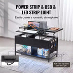 VEVOR Lift Top Coffee Table, 39.4 in Rectangle Coffee Table, Flipable Coffee Table with Power Strip & USB & Ambient Lighting, Black
