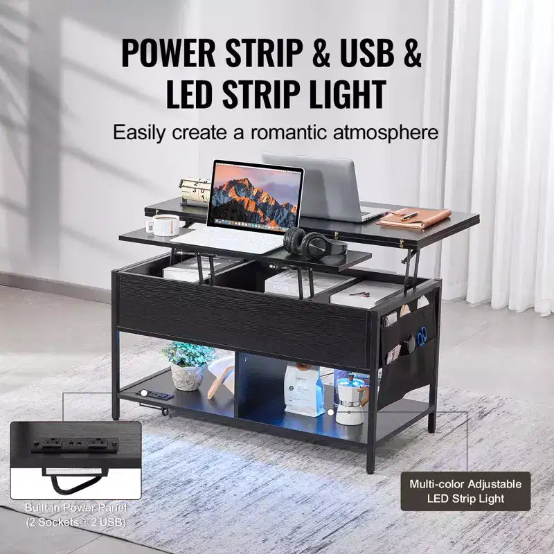 VEVOR Lift Top Coffee Table, 39.4 in Rectangle Coffee Table, Flipable Coffee Table with Power Strip & USB & Ambient Lighting, Black