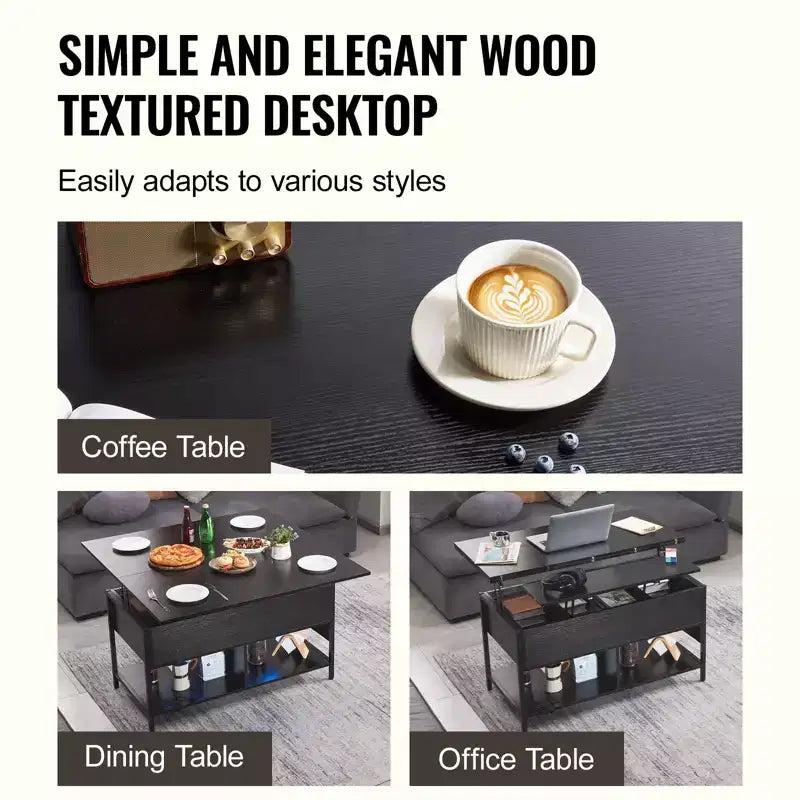 VEVOR Lift Top Coffee Table, 39.4 in Rectangle Coffee Table, Flipable Coffee Table with Power Strip & USB & Ambient Lighting, Black