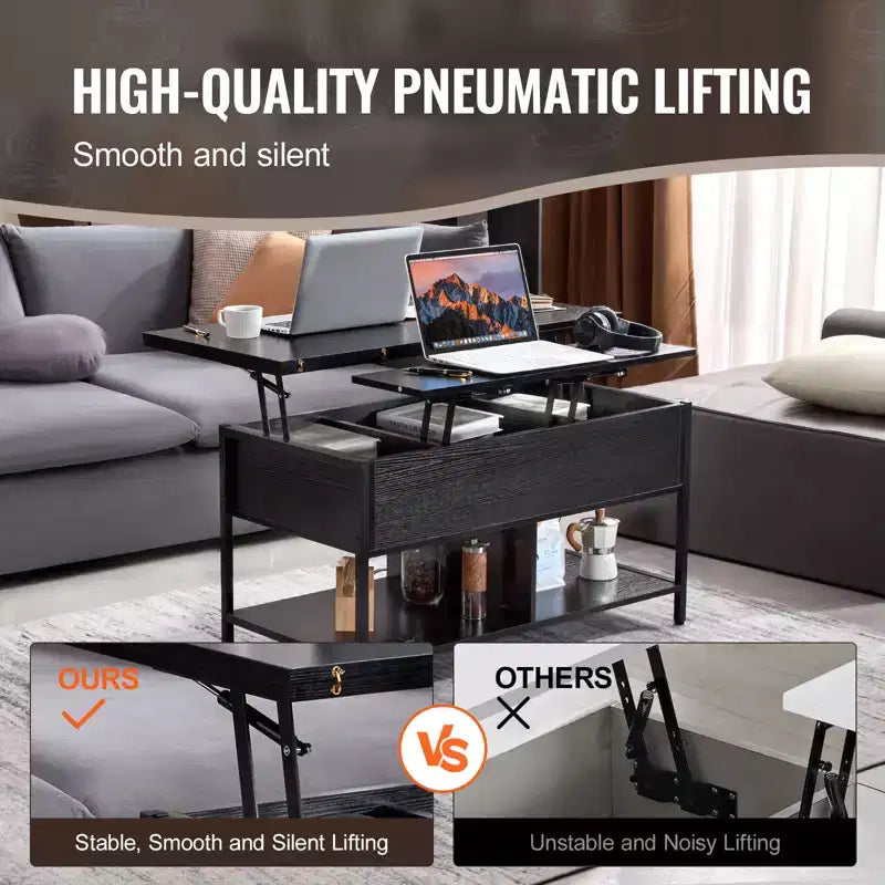 VEVOR Lift Top Coffee Table, 39.4 in Rectangle Coffee Table, Flipable Coffee Table with Power Strip & USB & Ambient Lighting, Black
