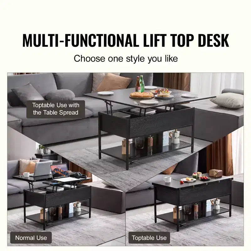 VEVOR Lift Top Coffee Table, 39.4 in Rectangle Coffee Table, Flipable Coffee Table with Power Strip & USB & Ambient Lighting, Black