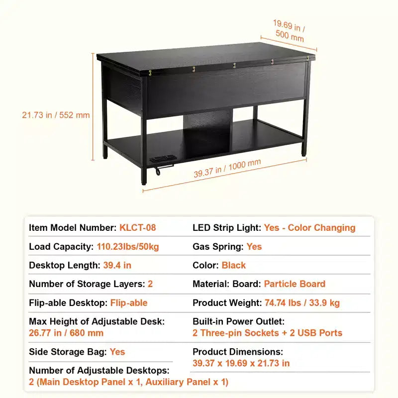 VEVOR Lift Top Coffee Table, 39.4 in Rectangle Coffee Table, Flipable Coffee Table with Power Strip & USB & Ambient Lighting, Black