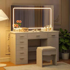 Makeup Vanity with 3-Mode LED Lighted Mirror & Charging Outlets, Large Vanity Desk with 7 Drawers & Storage Cabinet, Modern Dressing Table