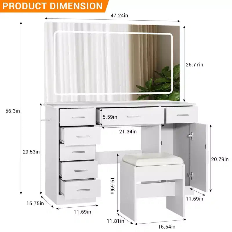 Makeup Vanity with 3-Mode LED Lighted Mirror & Charging Outlets, Large Vanity Desk with 7 Drawers & Storage Cabinet, Modern Dressing Table