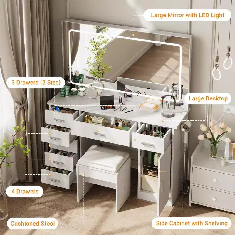 Makeup Vanity with 3-Mode LED Lighted Mirror & Charging Outlets, Large Vanity Desk with 7 Drawers & Storage Cabinet, Modern Dressing Table