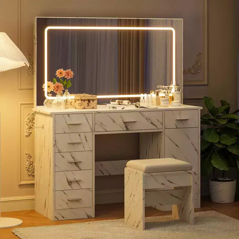 Makeup Vanity with 3-Mode LED Lighted Mirror & Charging Outlets, Large Vanity Desk with 7 Drawers & Storage Cabinet, Modern Dressing Table