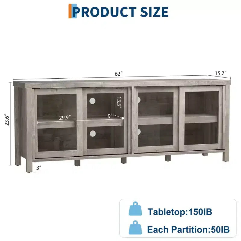 Garvee TV Stand for 65 Inch, Entertainment Center with Storage Cabinet and 4 Sliding Glass Doors, Console Table for Living Room Bedroom