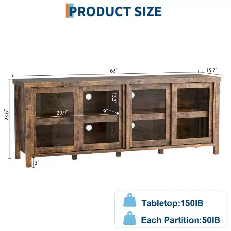 Garvee TV Stand for 65 Inch, Entertainment Center with Storage Cabinet and 4 Sliding Glass Doors, Console Table for Living Room Bedroom