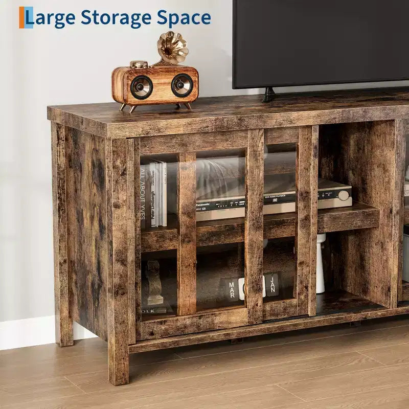 Garvee TV Stand for 65 Inch, Entertainment Center with Storage Cabinet and 4 Sliding Glass Doors, Console Table for Living Room Bedroom