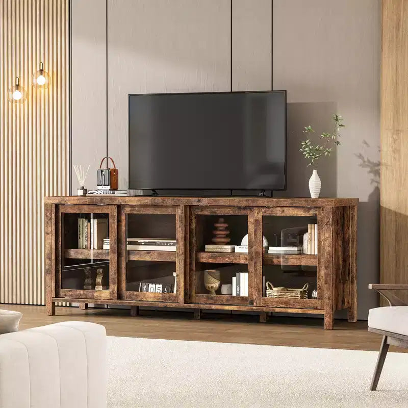 Garvee TV Stand for 65 Inch, Entertainment Center with Storage Cabinet and 4 Sliding Glass Doors, Console Table for Living Room Bedroom