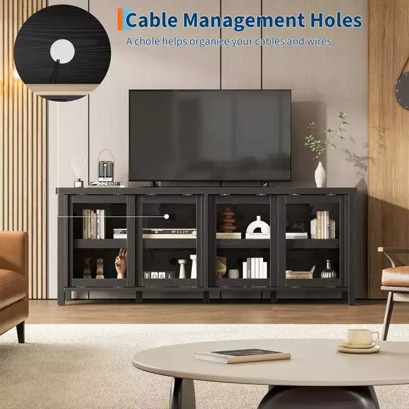 Garvee TV Stand for 65 Inch, Entertainment Center with Storage Cabinet and 4 Sliding Glass Doors, Console Table for Living Room Bedroom
