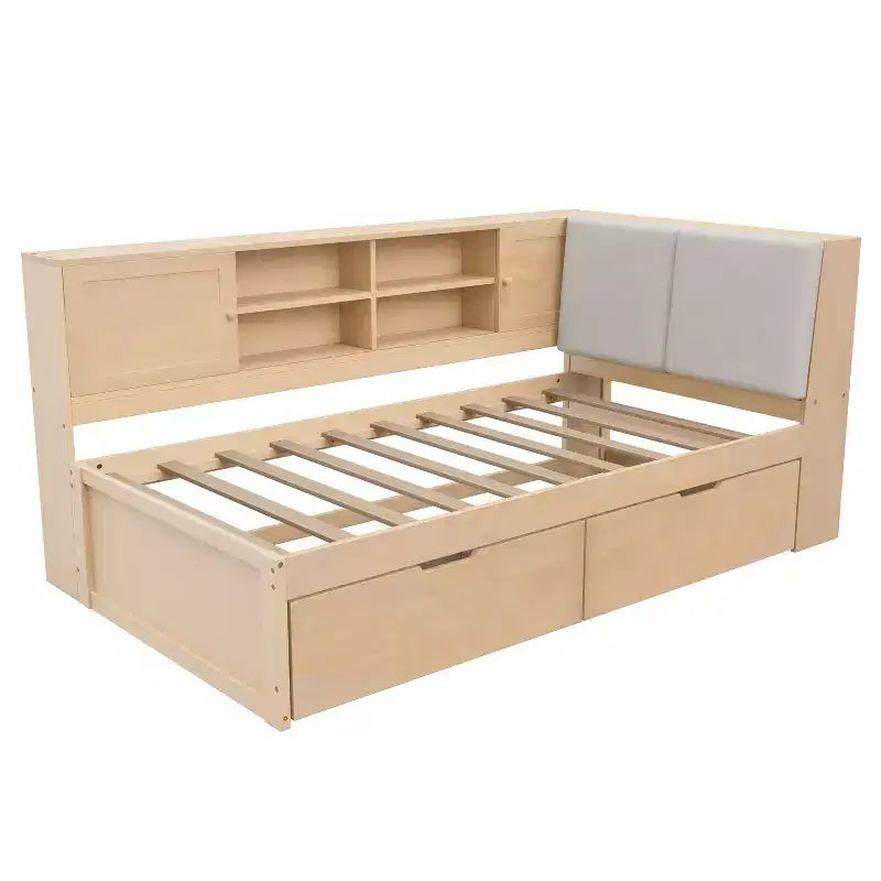 Merax Wooden L-Shaped Daybed with Upholstered Storage Headboard, USB Charging Ports & Storage Bookcase