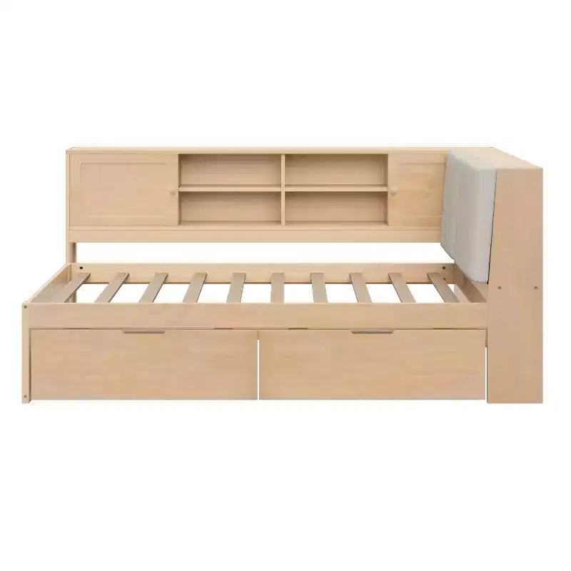 Merax Wooden L-Shaped Daybed with Upholstered Storage Headboard, USB Charging Ports & Storage Bookcase