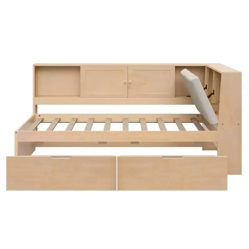 Merax Wooden L-Shaped Daybed with Upholstered Storage Headboard, USB Charging Ports & Storage Bookcase