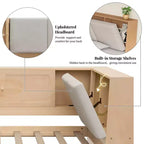 Merax Wooden L-Shaped Daybed with Upholstered Storage Headboard, USB Charging Ports & Storage Bookcase