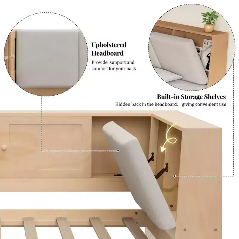 Merax Wooden L-Shaped Daybed with Upholstered Storage Headboard, USB Charging Ports & Storage Bookcase