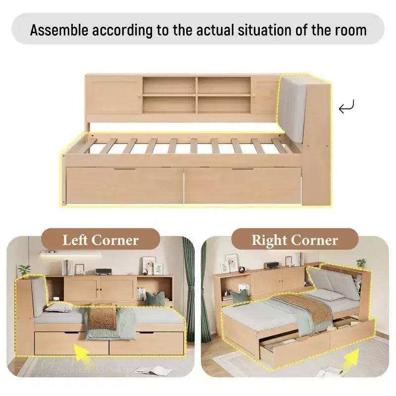 Merax Wooden L-Shaped Daybed with Upholstered Storage Headboard, USB Charging Ports & Storage Bookcase