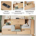 Merax Wooden L-Shaped Daybed with Upholstered Storage Headboard, USB Charging Ports & Storage Bookcase