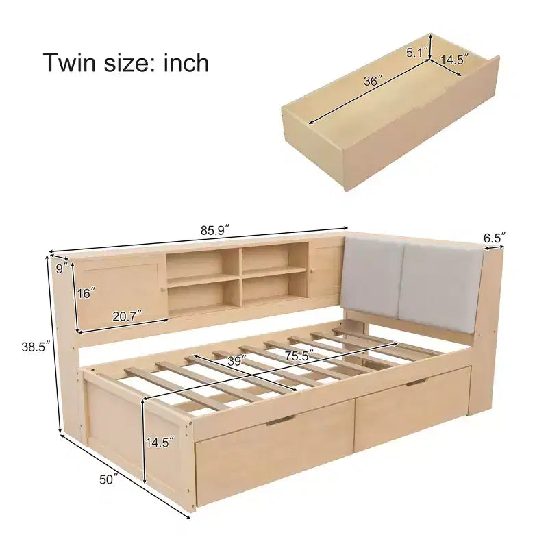Merax Wooden L-Shaped Daybed with Upholstered Storage Headboard, USB Charging Ports & Storage Bookcase