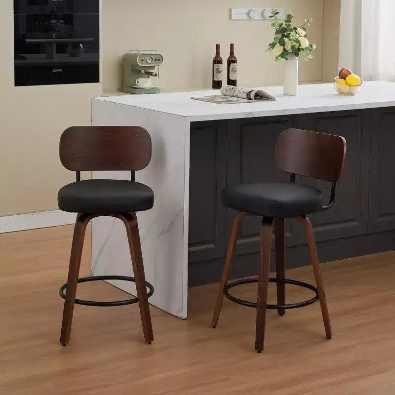 CLIHOME Set of 2 Swivel Bar Stools, 26 Upholstered Faux Leather Counter Height Barstools with Walnut Back & Bentwood Legs