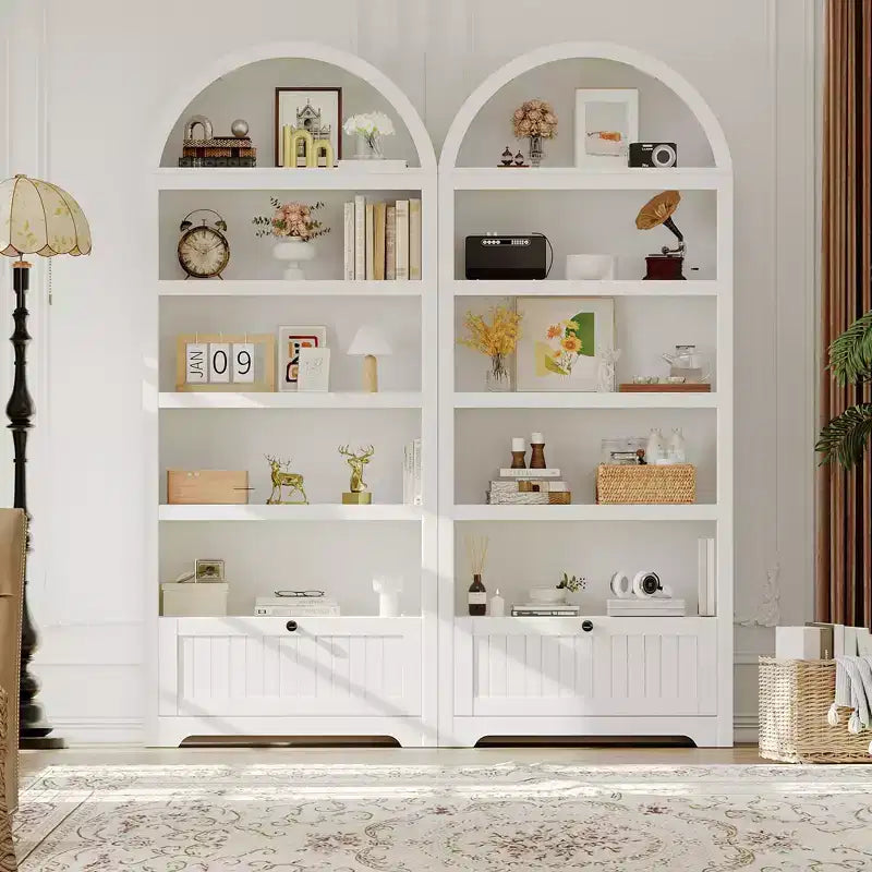 72 Tall Wood Arched Storage Cabinet, Kitchen Pantry with Open Display & Drawer, 6-Tier Standing Arched Bookcase & Cupboard with Adjustable