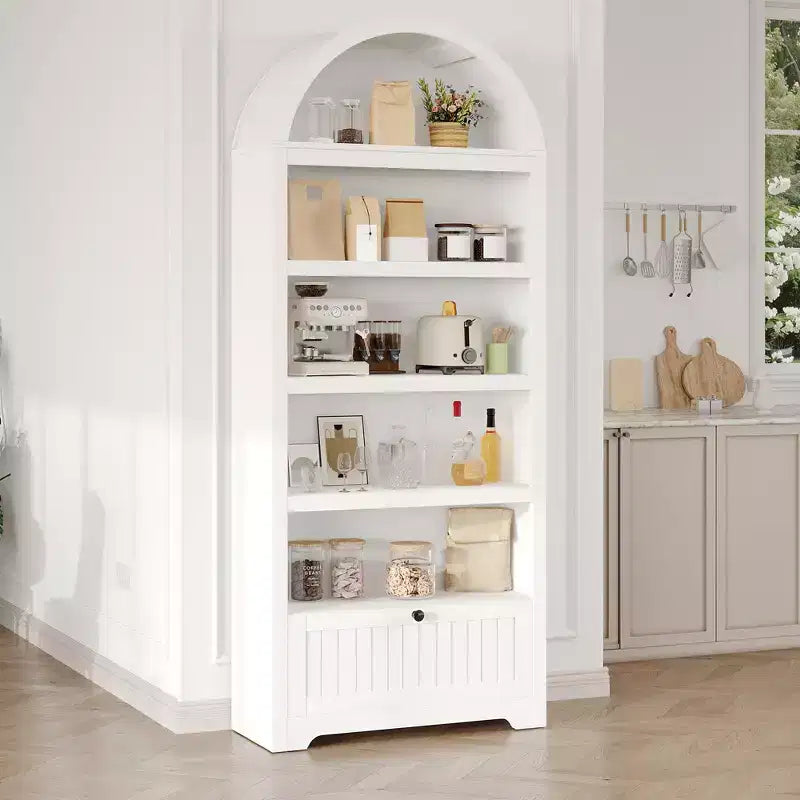 72 Tall Wood Arched Storage Cabinet, Kitchen Pantry with Open Display & Drawer, 6-Tier Standing Arched Bookcase & Cupboard with Adjustable