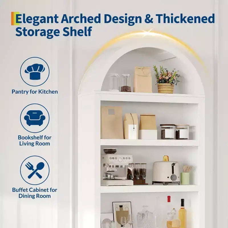 72 Tall Wood Arched Storage Cabinet, Kitchen Pantry with Open Display & Drawer, 6-Tier Standing Arched Bookcase & Cupboard with Adjustable
