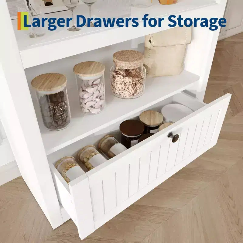 72 Tall Wood Arched Storage Cabinet, Kitchen Pantry with Open Display & Drawer, 6-Tier Standing Arched Bookcase & Cupboard with Adjustable